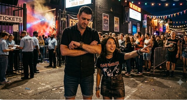 A man and a woman standing outside a crowded concert venue at night